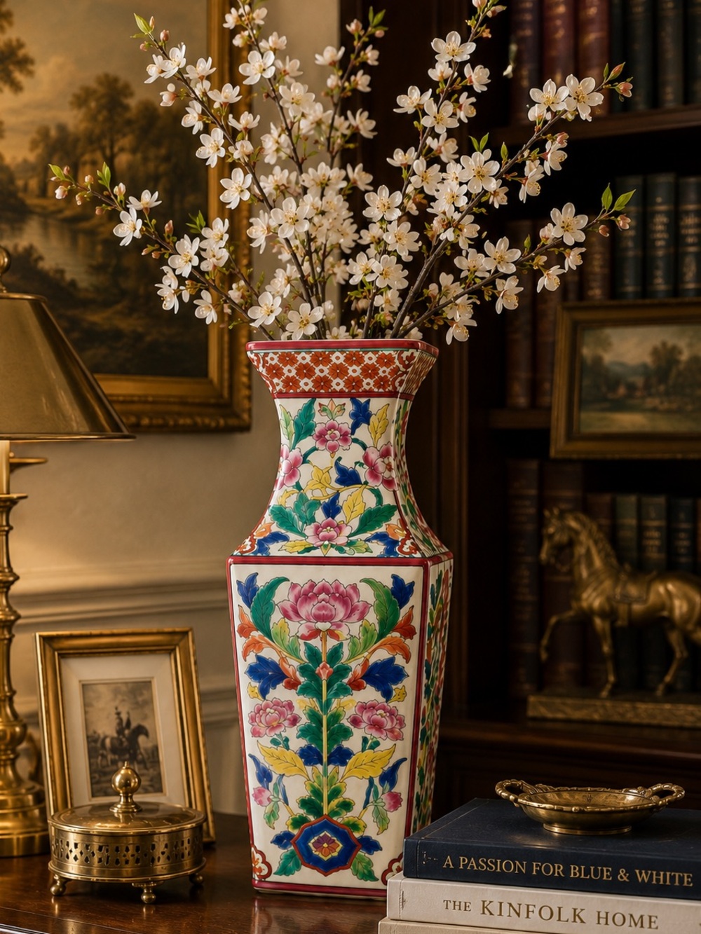 Vintage Handpainted Famille Rose Style | Squared Porcelain 13.75” Floral Vase